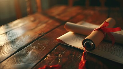 Diploma scroll and cap on a wooden table.