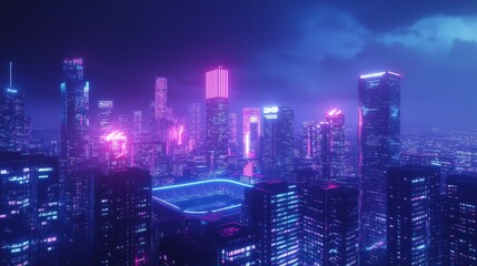 night city scape, staduim of foreground, neon lights, ultrarealistic,