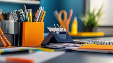 Poster - Colorful Office Supplies on a Desk