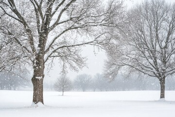 Sticker - Two Bare Trees Standing in a Snowy Field During a Snowstorm