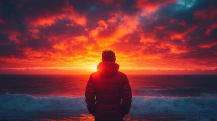 Poster - A lone figure stands on the shore, gazing at a stunning sunset over the ocean.