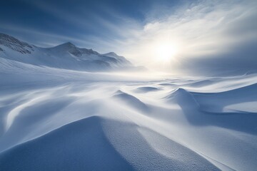 Poster - Snow-Covered Mountain Landscape with Sunlit Clouds