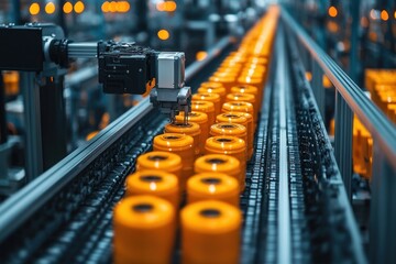 Poster - Close-up of a robotic arm working on a conveyor belt in a factory, assembling or packing yellow containers.