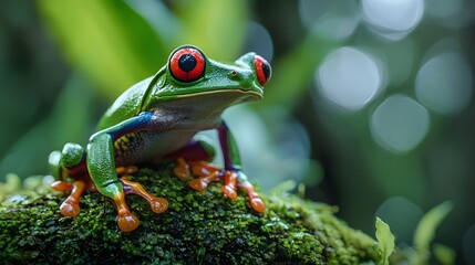 A vibrant red-eyed tree frog perched on moss, showcasing its bright colors.