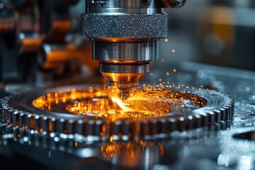 Sticker - Close-up of a metal gear being machined by a CNC machine with sparks flying.