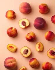 Wall Mural - Fresh peaches on pink background