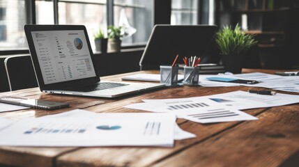 Poster - Business Meeting Setup with Documents and Laptops