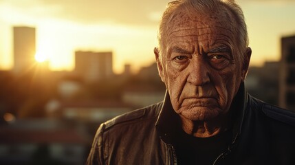 Elderly man gazing thoughtfully at the sunset over a bustling city skyline in the golden hour