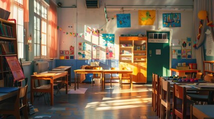 Bright classroom with student artwork.