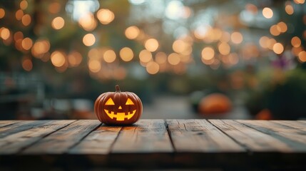 Sticker - Wooden table with blurred Halloween background featuring pumpkin face and copy space for mockup