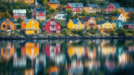 Colorful homes dotting the hillside of a seaside village, reflecting in the shimmering waters below.