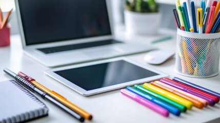 Fototapete - Colorful Creative Workspace with Tablet and Pens