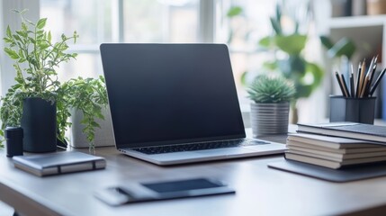 Poster - Minimalistic Desk Setup with Laptop and Plants