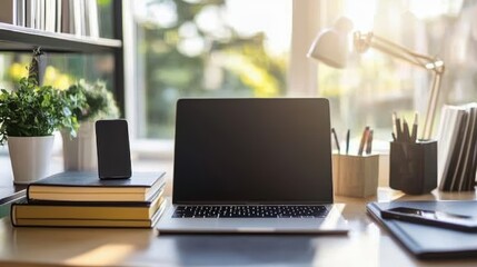 Poster - Modern Desk Setup with Laptop and Books
