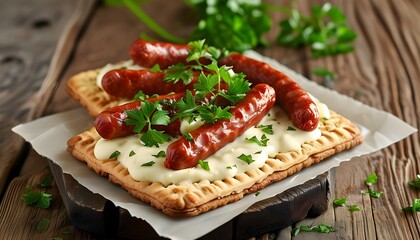 Fluffy buttermilk biscuits with creamy sausage gravy and fresh parsley on a rustic wooden table