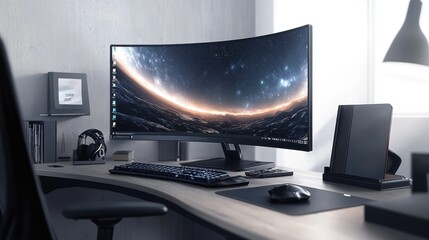 Poster - Modern Workspace with Large Curved Monitor