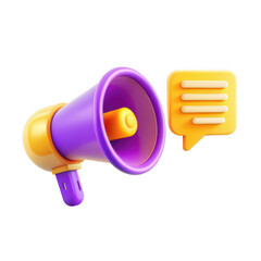 Poster - A vibrant 3D rendering of a megaphone and a speech bubble icon, designed to symbolize communication and announcements.