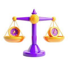 Poster - A vibrant 3D model of a balance scale with purple and yellow accents, showcasing two bowls holding clocks. Ideal for educational purposes.