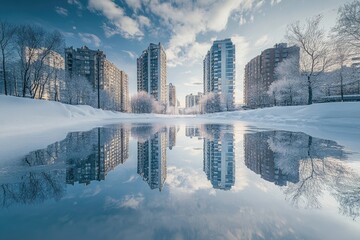 Sticker - Cityscape Reflection in a Frozen Pond During Winter