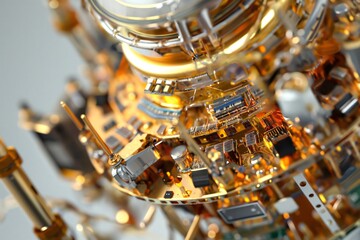 Poster - Complex satellite communication module showing electronic components and circuit boards is being assembled
