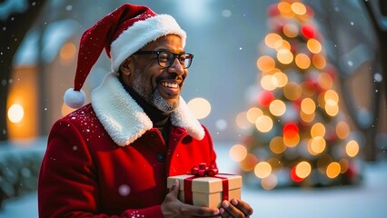 Wall Mural - African American Santa Claus with a gift box