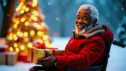 Wall Mural - A cheerful elderly man in a wheelchair holds a gift box in his hands and smiles while sitting outdoors