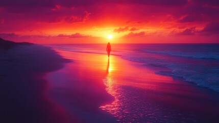 Poster - A lone woman walks along the beach at sunset, her silhouette framed by the vibrant colors of the sky.