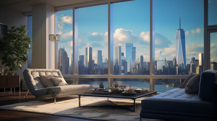 Modern living room with a stunning view of the New York City skyline from floor to ceiling windows.