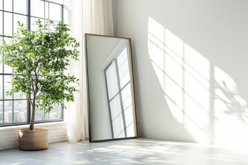 Poster - Contemporary minimalistic space layout with a large mirror and basic furniture next to a wide window, providing abundant daylight to brighten the room. Stylish interior design setup