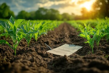 Canvas Print - A clipboard with a document and a pen lies in the middle of a field of young, green plants at sunset.