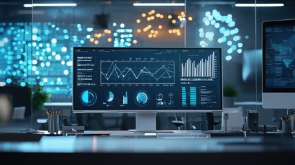 Poster - Modern Tech Workspace with Digital Dashboards