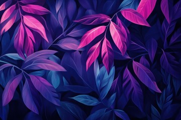Poster - Lively violet leaves and glowing designs animation on a deep background