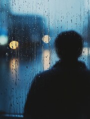 Aufkleber - A lone person stands by a rain-covered window, lost in thought as raindrops cascade down, creating a moody atmosphere of solitude. Generative AI