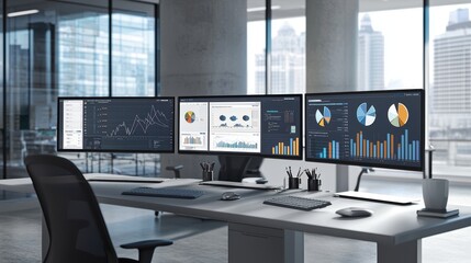 Poster - Modern Office Workspace with Multiple Computer Screens