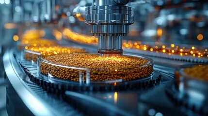 Sticker - Close-up of a modern automated production line with small golden pills moving along a conveyor belt, being processed and inspected by a machine.