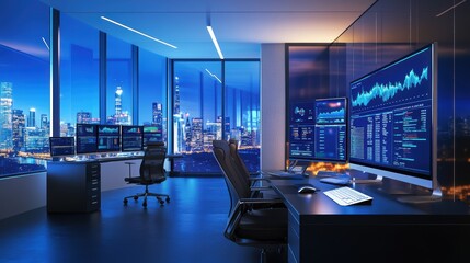 Poster - Modern Business Office with Multiple Computer Screens