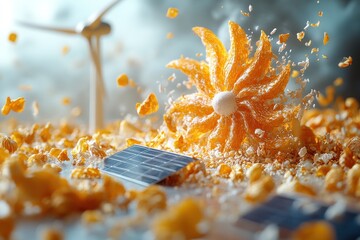 Canvas Print - A pastry shaped like a windmill explodes into popcorn and creates a cloud of smoke. A solar panel and a windmill are in the background.