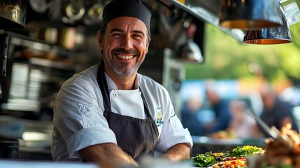 Confident male chef in a food truck serving customers, entrepreneurial and friendly. Food festivals, culinary ventures, street food promotions.