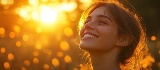 Wall Mural - Portrait of a young woman smiling with her eyes closed and head tilted back towards the sun.  She is surrounded by a golden glow.