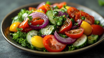 A fresh salad with tomatoes, cucumbers, red onion, and herbs.