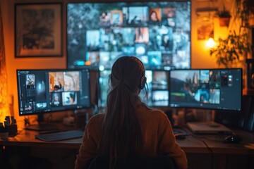 Poster - A woman sits at a desk with three computer monitors, surrounded by a dimly lit room. She is wearing headphones and appears to be focused on her work.