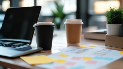 Poster - Modern Office Desk with Project Roadmap and Coffee