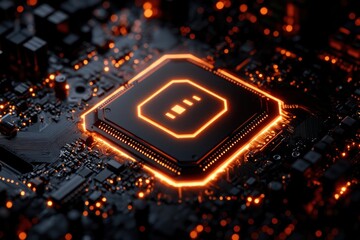 Poster - Close-up of a glowing orange CPU chip on a dark motherboard.