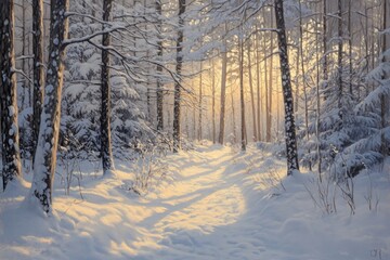 Wall Mural - A Pathway Through a Snowy Forest at Sunset