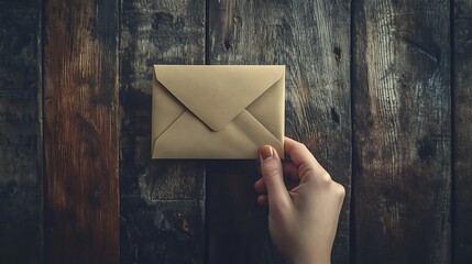 Canvas Print - Hand Holding a Brown Envelope on a Wooden Surface