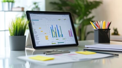 Poster - Organized Desk Setup with Project Timelines and Charts