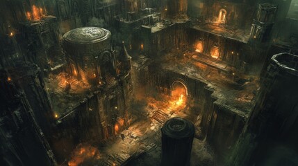 Canvas Print - An Eerie, Fire-Lit, Stone City in Ruins