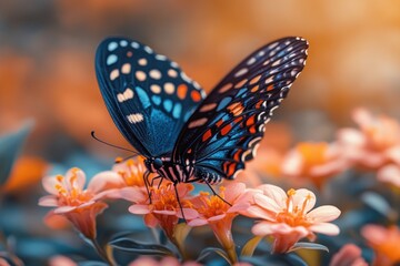 Sticker - A vibrant blue and black butterfly with white and red spots perched on delicate pink flowers.