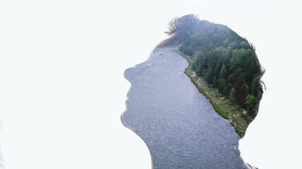 Wall Mural - Isolated combination of the silhouette of a man face and a landscape with mountains and river. Concept of the connection between man and nature