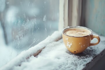 Sticker - A Yellow Mug of Coffee on a Windowsill Covered in Snow